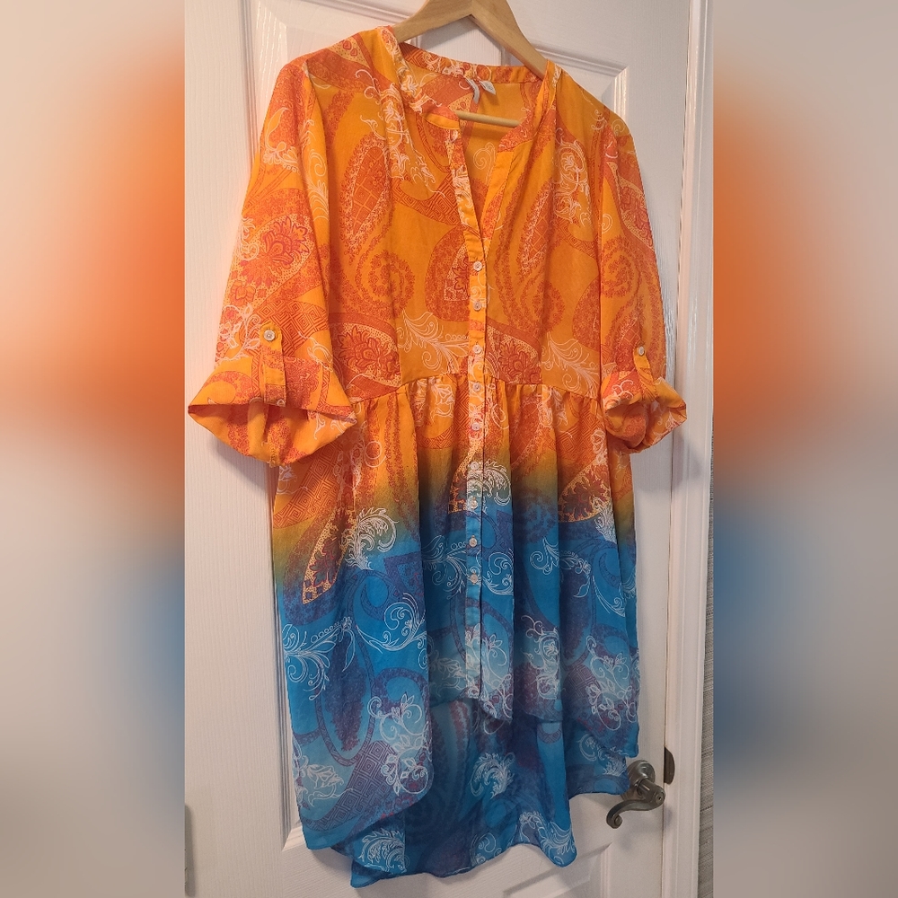 Cato EST. 1946 Women's XL Top Blue and orange Tunic Roll Tab Sleeves